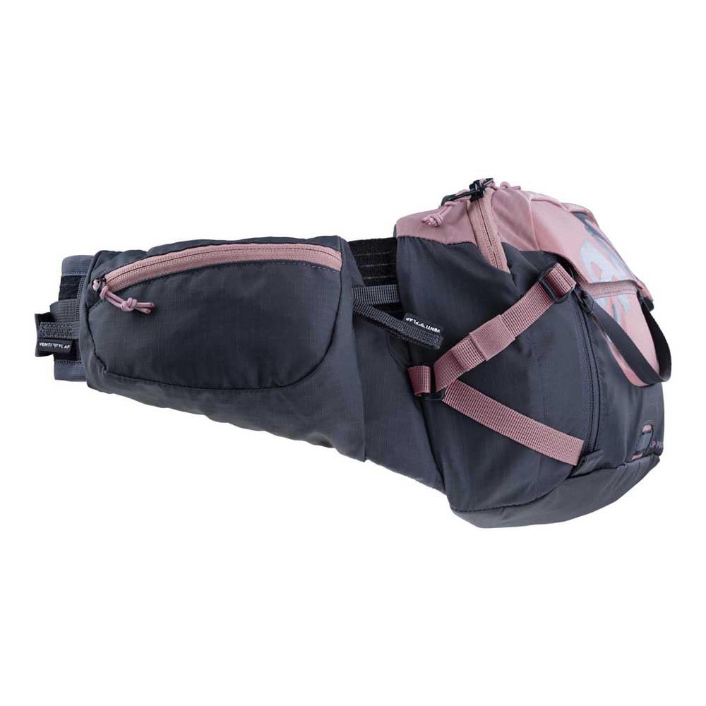 EVOC HIP PACK PRO 3 + HYDRATION BLADDER 1.5, saszetka biodrowa (AIR FLOW CONTACT SYSTEM, pas biodrowy AERO FLEX, w tym 1,5l bukłak i uchwyt na butelkę, One Size), Dusty Pink - Carbon Grey