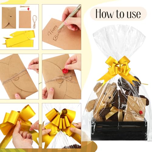 Image of Wonderjune Wooden Baskets for Back to School Gifts Empty Wood Basket with Cellophane Bag Ribbon Greeting Card for Birthday Baby Shower Wedding Housewarming Gifts Packaging(Black,Small)