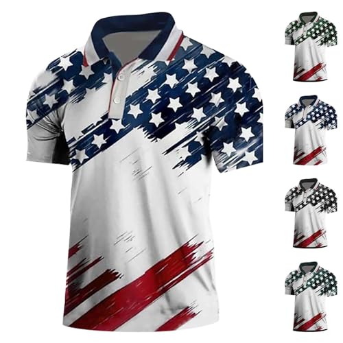 4th of July USA Polo T Shirts for Men Short Sleeve Patriotic American Flag Printed Golf Shirts Button Collar Tops