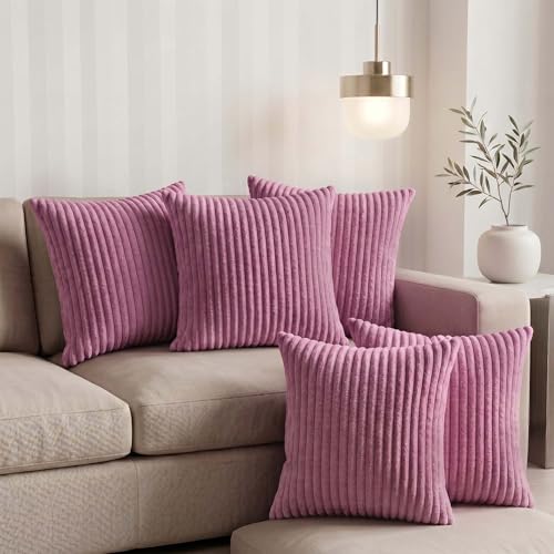 Image of Yellow Weaves Pencil-Stripe Fur Cushion Covers | Soft Polyester | Decorative Sofa & Throw Pillow Covers | 16x16 Inches, Pack of 5 (Purple)