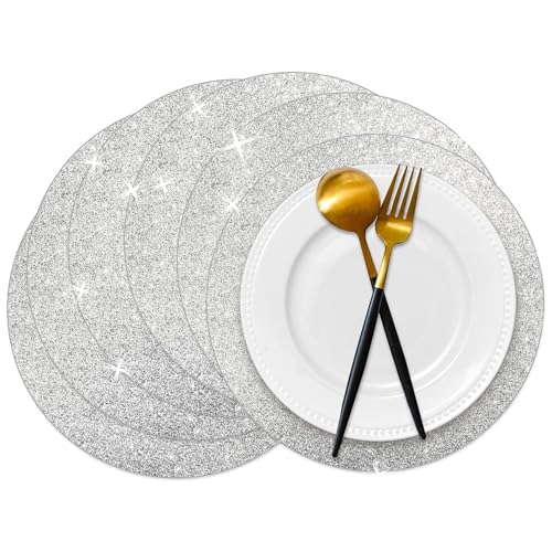 Baoswi 20 St&uuml;ck Silberne Glitzer-Platzsets, 33 cm Durchmesser, runde Tischsets, Silberne Pailletten-Deckchen, dekorative Tischsets f&uuml;r Esstisch, Hochzeit, Geburtstag, Party, Urlaub, Heimdekoration
