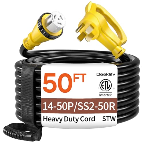 50FT 50 Amp Generator Cord NEMA 14-50P/SS2-50R Heavy-Duty 4 Conductors Cable Pure Copper STW RV Extension Cord Female Plug with Twist Lock Suitable for RV or Camper ETL Listed