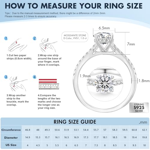 KRKC&CO Moissanite Rings for Women, Anniversary Bridal Promise Gift for Her, 925 Sterling Silver Moissanite Engagement Rings 1.0-3.0 CT, 4-Prong D Color VVS1 with White Gold Plated(Halo-1CT)2