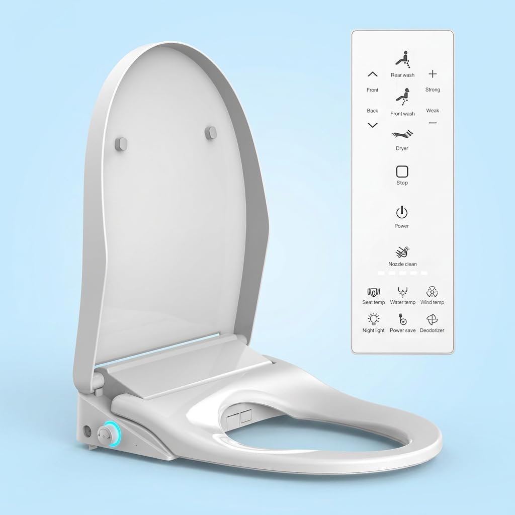 Smart Bidet Seat Elongated – Bidet with Dryer Heated, Warm Water, 4 Modes, Automatic Odor Removal, Remote Control | Smart Bidet with Night Light for Families