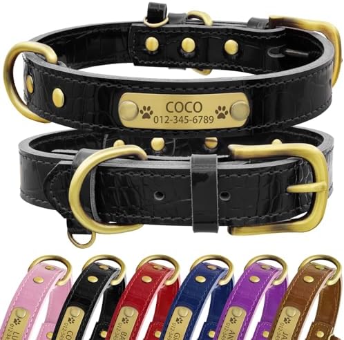 Personalized Genuine Leather Dog Collar with Engraved Name Plate – Durable and Stylish Custom Dog Collar for Small, Medium, and Large Dogs (XS,Black)