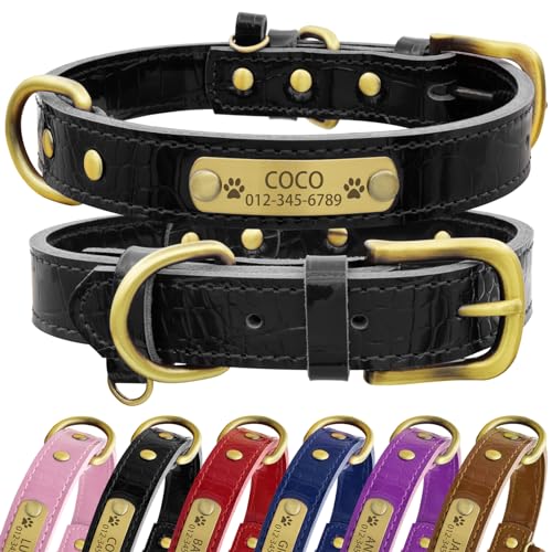 Senristar Personalisierte Hundehalsband aus Echtem Leder mit Eingraviertem Namensschild - Langlebiges und Stilvolles Hundehalsband für Kleine, Mittlere und Große Hunde (XS, Schwarz)
