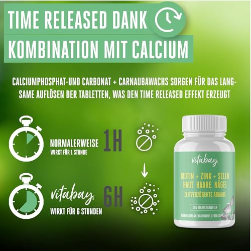 Vitabay Biotin Hochdosiert 10000mcg 180 Tabletten Time Released & Vegan - Haar Vitamine Hair Vitamins Biotin Haare Zink Selen Haut Haare Nägel Kapseln - Haarvitamine für Frauen Tabletten