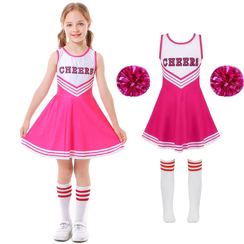 Amtum Cheerleader Outfit Kids Cheerleader Fancy Dress Uniform High SchoolWith Pom Poms Musical Uniform Outfit,Pink-140cm