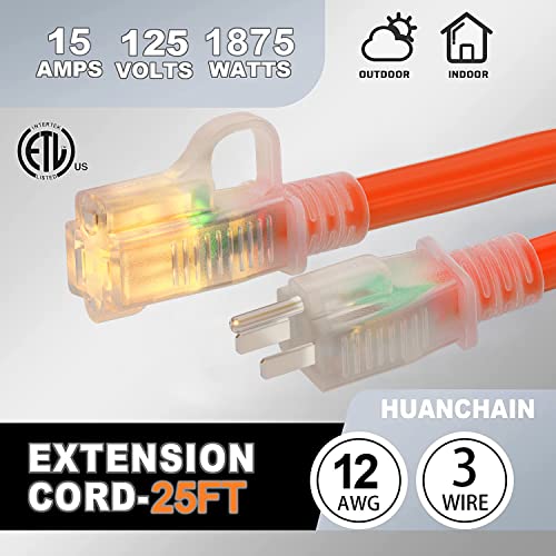 12/3 Gauge Heavy Duty Outdoor Extension Cord 25 Ft Waterproof With Lighted End, Flexible Cold-Resistant 3 Prong Electric Cord Outside, 15Amp 1875W 12Awg Sjtw, Orange, Etl Huanchain #TOP2