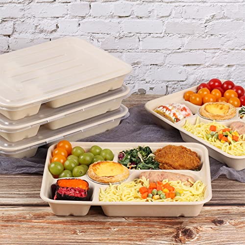 Jayeey 40 Oz 5 Compartments Disposable Plates With Pp Lids Food Container Sets Kids Lunch Box Bento Box Eco-Friendly Plant Fibers Microwave & Freezer Safe 25 Pack #TOP4