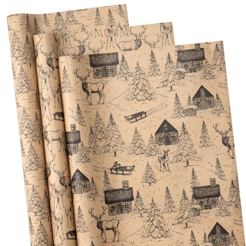 RUSPEPA Kraft Christmas Wrapping Paper Roll Set, Mini Rolls, Vintage Black Forest Tree, Winter Village, Reindeer Pattern Gift Wrap for Christmas, Family, Holiday, 3 Rolls, 17 inches x 10 feet per Roll