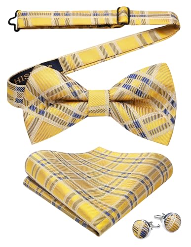 Image of HISDERN Mens Plaid Bow Tie Set Pocket Square and Cufflinks Bowtie | Pretied Bowties Design for Easy Wear,Check Pattern,Matching Handkerchief Cuff Link,3PCS Set Wedding Formal Party Groom Prom