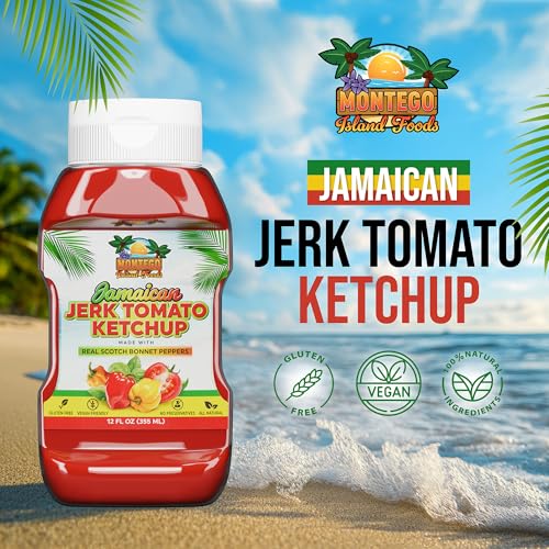 Image of Montego Island Foods Jamaican Jerk Tomato Ketchup - Thick & Rich Premium Ketchup with Scotch Bonnet Peppers, Allspice & Bold Caribbean Spices - All-Natural, Gluten-Free, Vegan - 12 oz Squeeze Bottle