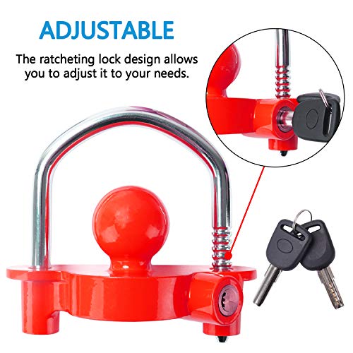 Tevlaphee Universal Trailer Ball Tow Hitch Lock Adjustable,Heavy-Duty Steel,Fit For Towing Caravan Trailer Security With 2 Keys Red #TOP3
