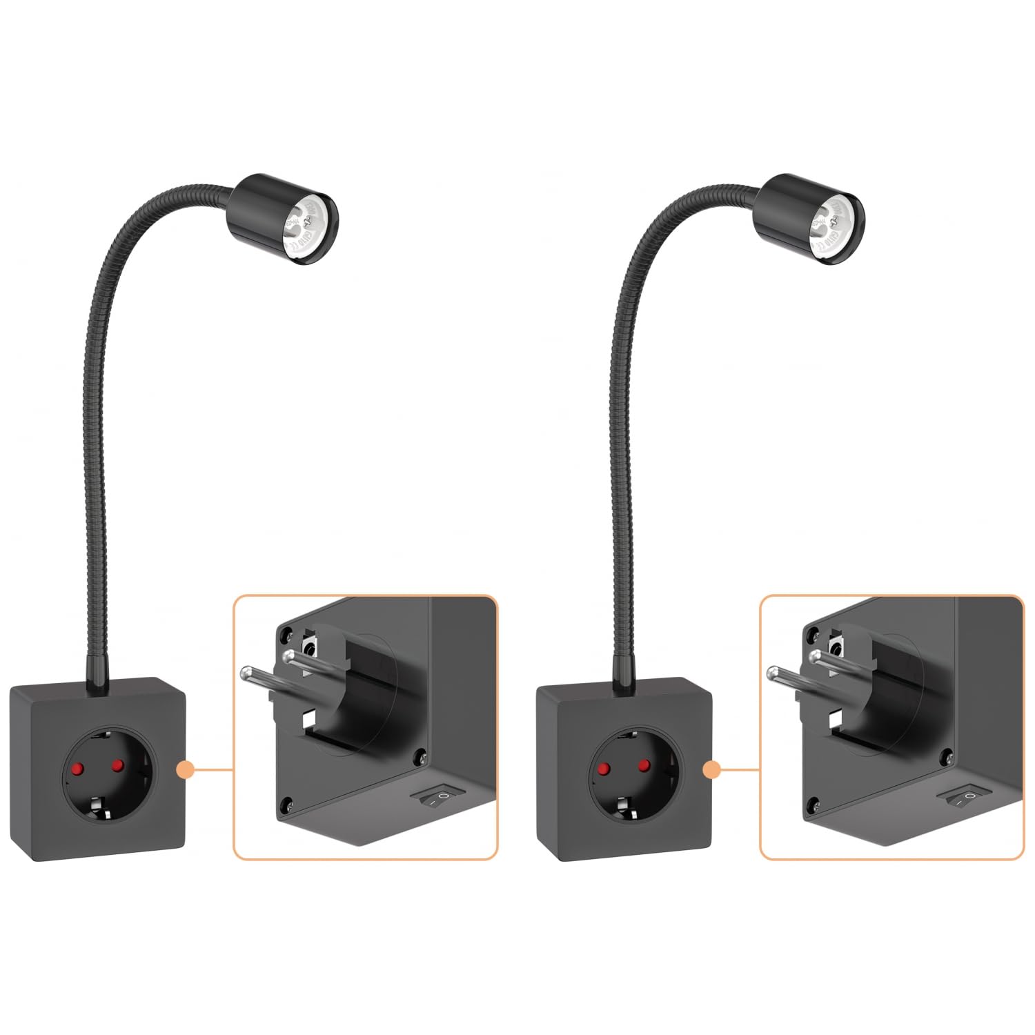 ledscom.de 2x Steckdosenleuchte/Leselampe LESCH, Schwanenhals, Schalter, schwarz, 1x GU10 max. 10W
