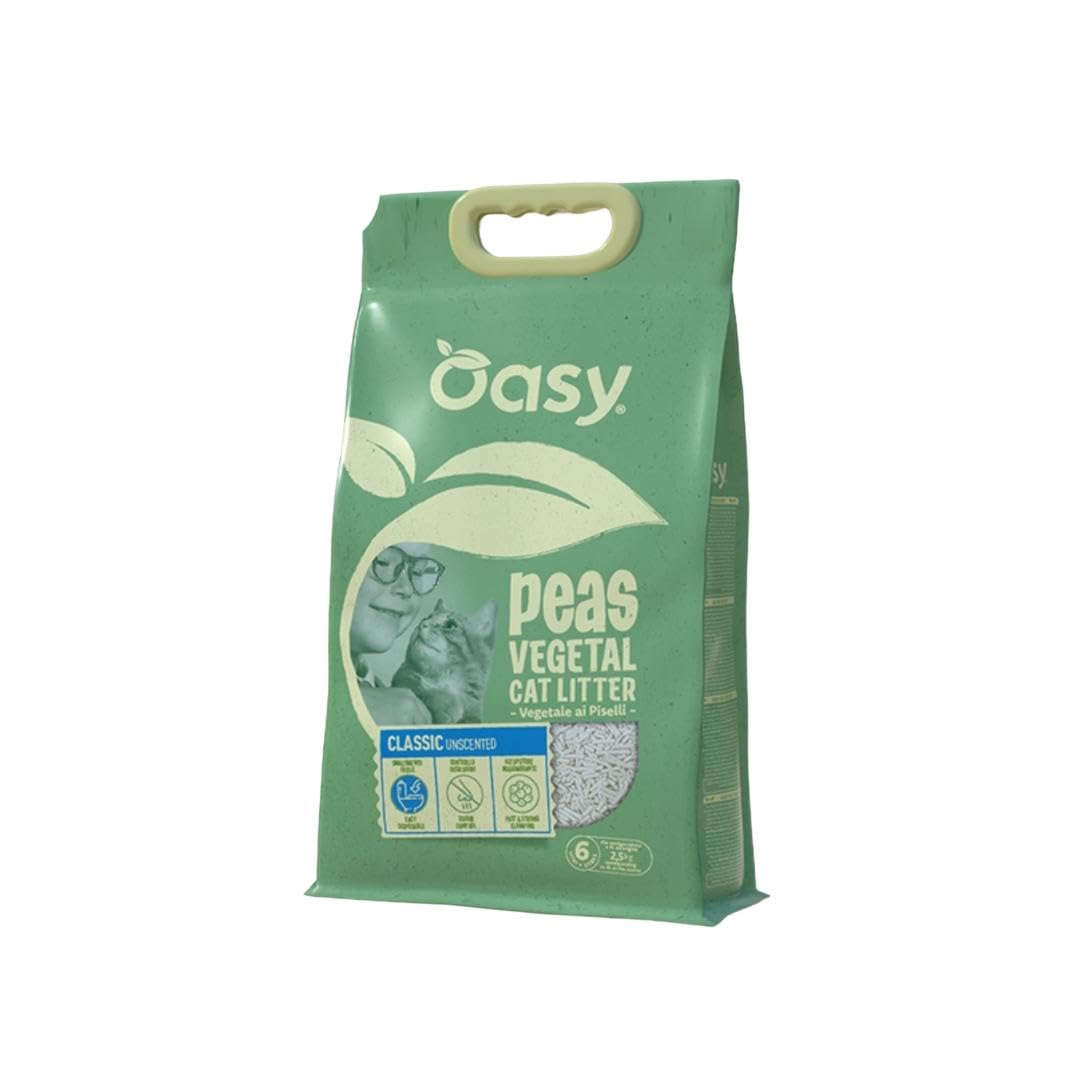 Litière pour chat végétale Oasy, litière en tofu végétal aux pois pour chats de tous âges et races, élimination facile, contrôle des odeurs, haut pouvoir agglomérant | 1 lot de 6 litres.