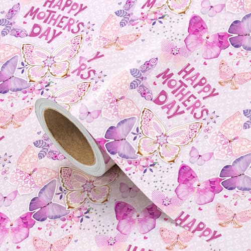 WRAPAHOLIC Mothers Day Wrapping Paper Roll - Mini Roll - 17 inch x 16.5 Feet - Happy Mother’s Day and Fantasy Pink Purple Butterfly Wrapping Paper for Mom, Mother’s Day, Mom Birthday