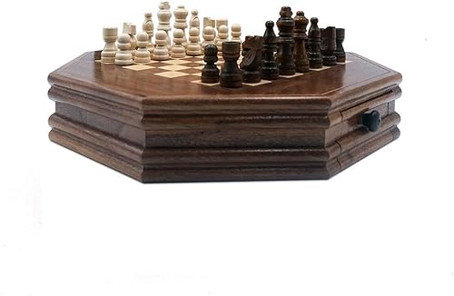 NIVOK Juego de ajedrez octogonal para niños y adultos, familia clásica con tablero de ajedrez de madera, piezas de ajedrez de resina 3D y ranuras de