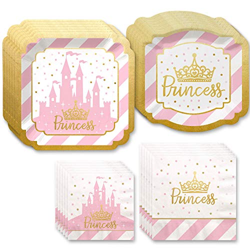 Big Dot of Happiness Little Princess Crown with Gold Foil - Pink and Gold Princess Baby Shower or Birthday Party Tableware Plates and Napkins - Bundle for 16