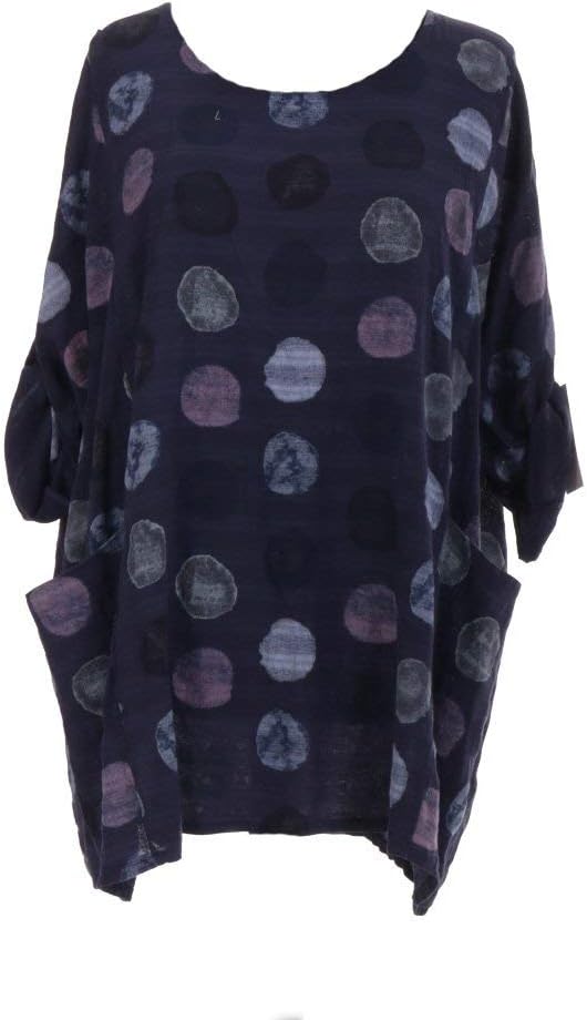 New Italian Ladies Women Lagenlook Polka Dots Cotton Tunic Top Plus Size 16-24