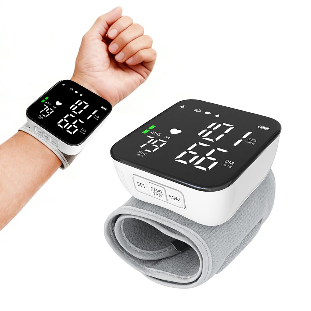 Tensiometro de Muñeca con Pantalla LCD, Tensiometro Muñeca con Aviso de Voz, Monitorización de Frecuencia Cardíaca, Carga USB Portátil, Brazalete Ajustable, Para el Hogar o de Viaje