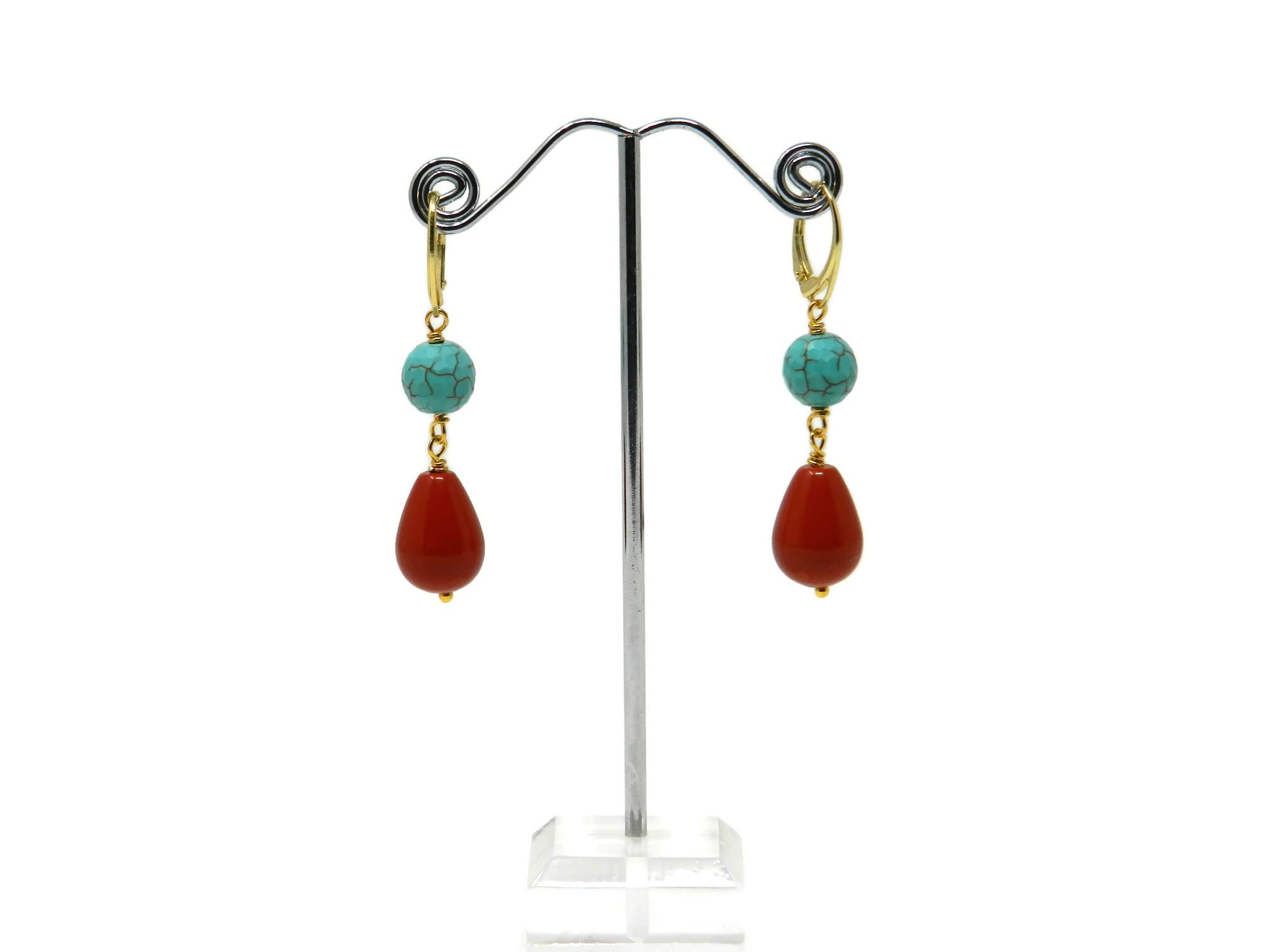 Orecchini Pendenti Donna con Pietra Aulite Turchese e Goccia in Pasta di Corallo Rosso Sardegna – Argento 925 Placcato Oro Giallo – Handmade Made in Italy – Nickel Free - DodiGioielli