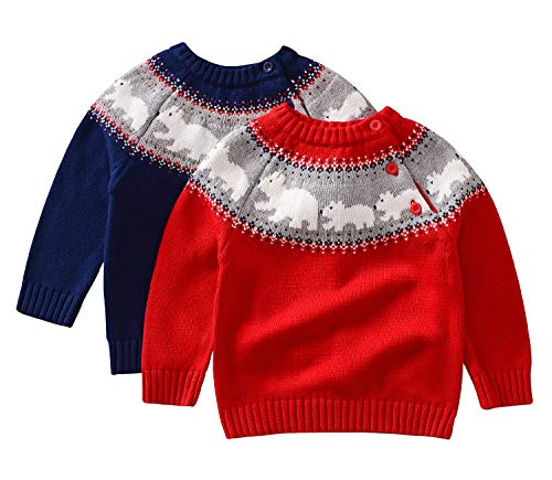 JGJSTAR Suéter de tricô infantil para meninos e meninas com gola redonda e gola redonda, Vermelho, 4