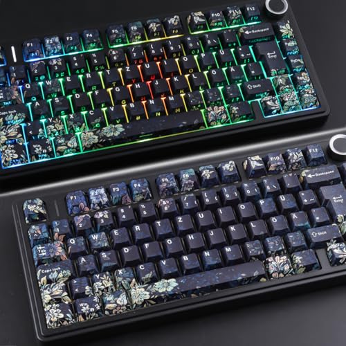 PBT German Keycaps, 133 Keys Faint Fragrance Double Shot Keycaps Dye-Sub Cherry Profile Side Printed Shine Through Keycap for Cherry MX Switch ISO QWERTZ Layout Mechanical Keyboards