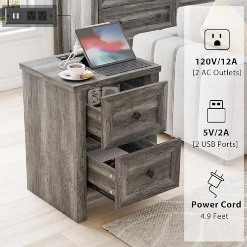 LUXOAK 4 Pieces Farmhouse Bedroom Furniture Set, 1 X 5 Drawer Dresser, 1 X Rustic 6 Drawer Storage Dresser, Nightstand Set of 2 with Charging Station, Farmhouse Bedroom Set, Grey - Thumbnail 2