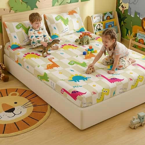Image of Filymore Elastic Fitted Dinosaur Double Bedsheet with 2 Pillow Cover | 240 TC Soft Microfiber Bedcover for Kids Room| Bedspread for Mattress Size 72 inch x 72 inch Inch | Green & White