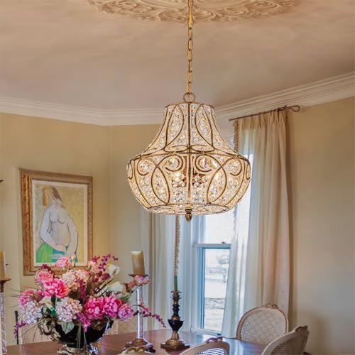 Image of 4-Light Antique Gold Gourd Beaded Chandelier, 13 inch Vintage Crystal Pendant Lighting Fixture for Dining Room, Living Room, Kitchen Island, Bedroom