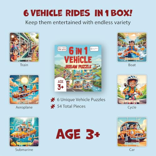 Image of 11 Strokes 6 in 1 Vehicles Jigsaw Puzzle for Kids Age 3+ | 54 Pieces | Car Bus Train Aeroplane Ship Truck | Premium MDF | Educational Toy for Toddlers