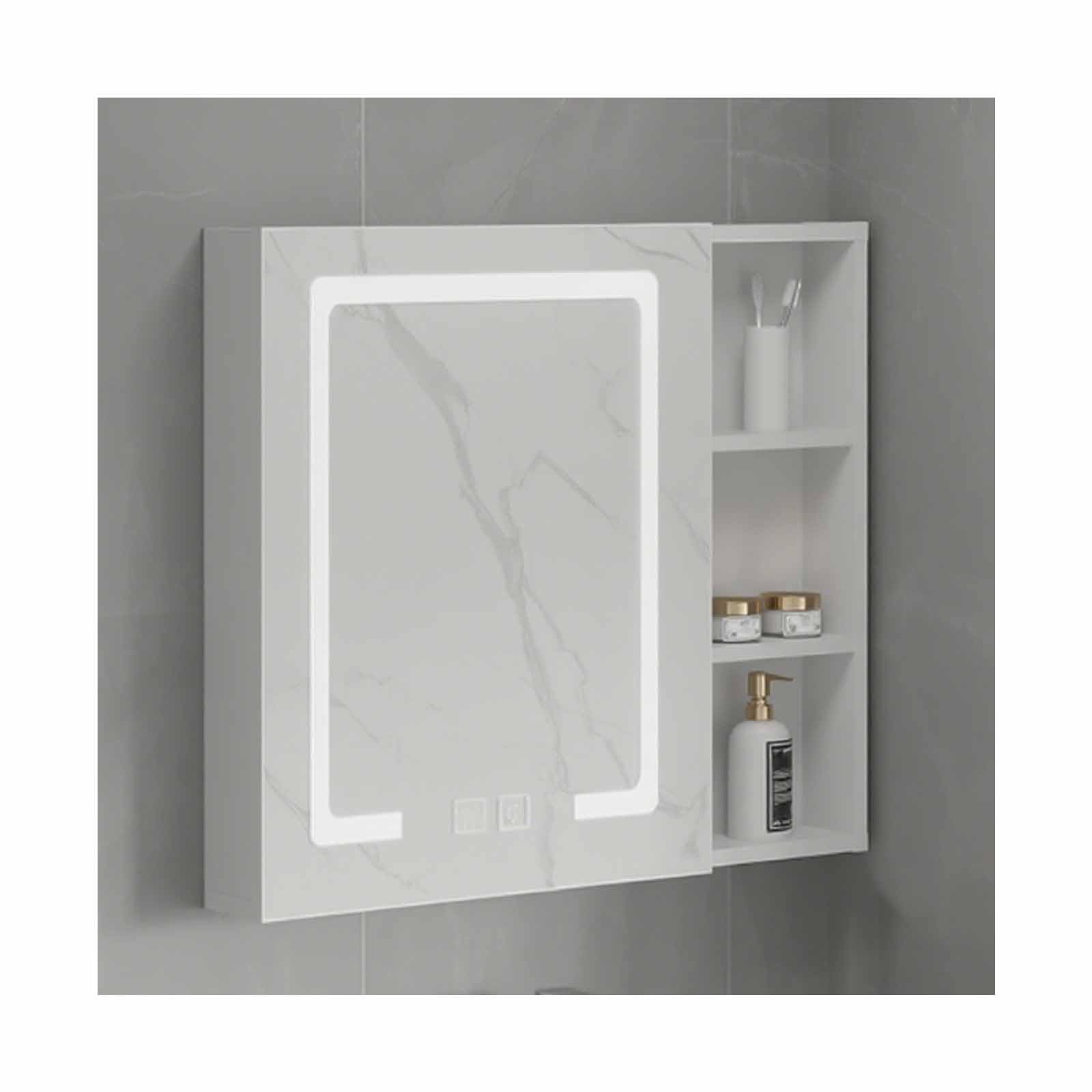Badkamerspiegel Met Opbergruimte，Spiegelkast Voor Badkamer Met Verlichting，Meerlaagse Opbergruimte, Waterdicht, Ruimtebesparend En Eenvoudig Op Te Bergen.(White,80 * 68 * 11CM)