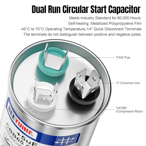 BEEYUIHF 45+5uF ±5% 45/5 MFD 370/440/450V AC 50/60Hz CBB65 Capacitor Dual Run Start Round Capacitor for AC Motor/AC Unit Fan Motor Start/Pool Pump/Heat Pump Air Conditioner