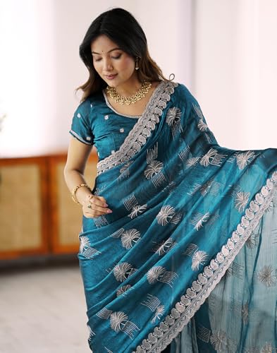 Image of SIRIL Women's Chiffon Scalloped Border Sequins Embroidery Saree with Unstitched Blouse Piece