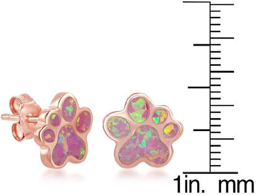 Sterling Silver/Rose Gold High Polish Created Blue or Pink Opal Paw Print Stud Earrings