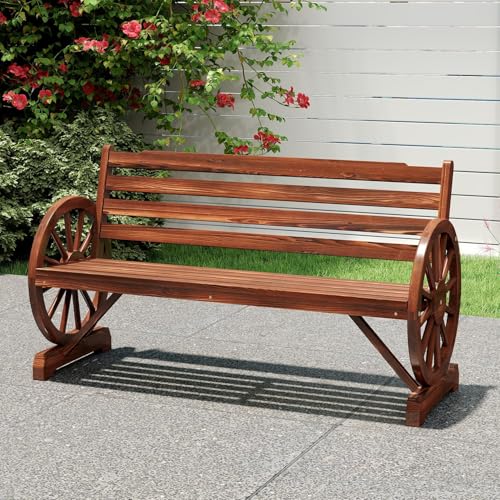 kinbor 55" Wooden Rustic Wagon Wheel Bench, Outdoor Bench Seat, Patio 2-Person Bench with Backrest
