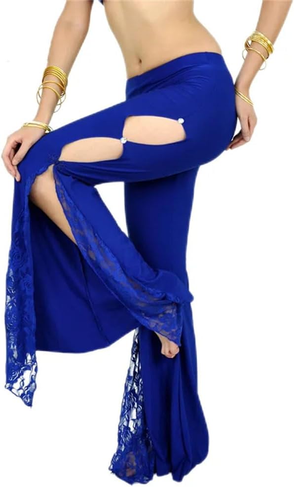 Women's Flared Belly Dance Pants Long Lace Floral Trousers with Side Slit Elastic Waistband