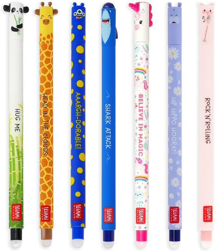Set of 7 Erasable Gel Pens with Thermosensitive Erase Ink, Range of ink colours & barrel designs, 0.7mm Tip, Panda, Corgi, Lion, Giraffe, Elephant, Shark, Hippo Designs