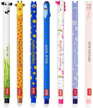 Legami - Set of 7 Erasable Gel Pens with Thermosensitive Erase Ink, Range of ink colours & barrel designs, 0.7mm Tip, Animal Designs
