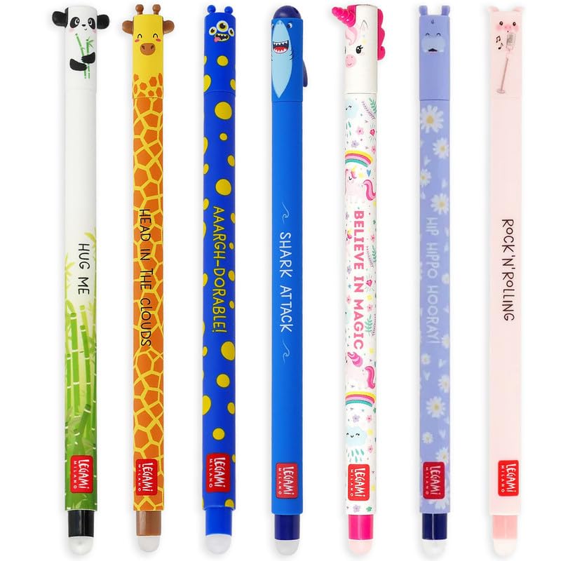 LEGAMI - Set of 7 Erasable Gel Pens with Thermosensitive Erase Ink, Range of ink colours & barrel designs, 0.7mm Tip, Cute Panda, Corgi, Lion, Giraffe, Elephant, Shark, Hippo Designs