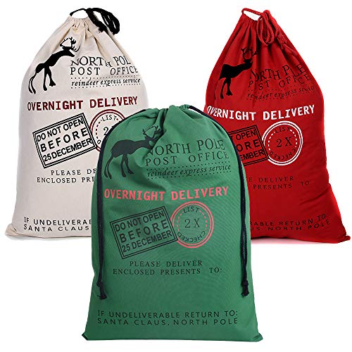 3 Pack Christmas Decorations Santa Sack Personalized for Kids Canvas Burlap Blank Bag Drawstring Special Delivery Extra Large Size Red Green White 27.5