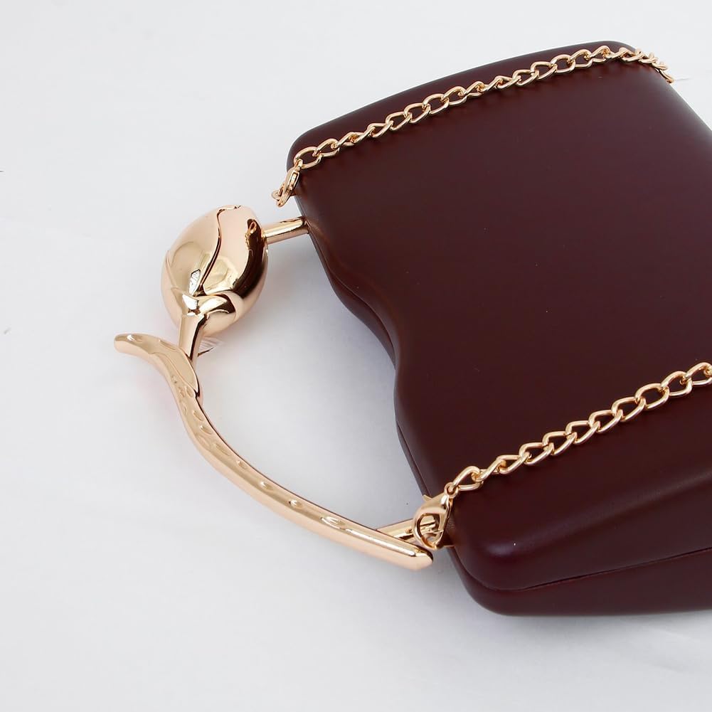 PU Leather Clutch Purse Rose Shaped Handle Evening Bag Unique Crossbody Handbag for Party Wedding Prom