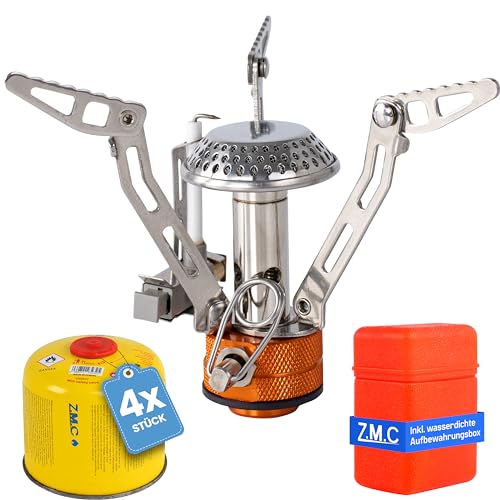 Z.M.C Klappbarer Mini Campingkocher 3200W + Transportdose + 4 Stk. Gaskartuschen 300g, tragbarer Gaskocher Set, faltbarer Campinggaskocher mit Piezozündung, für Outdoor Aktivitäten