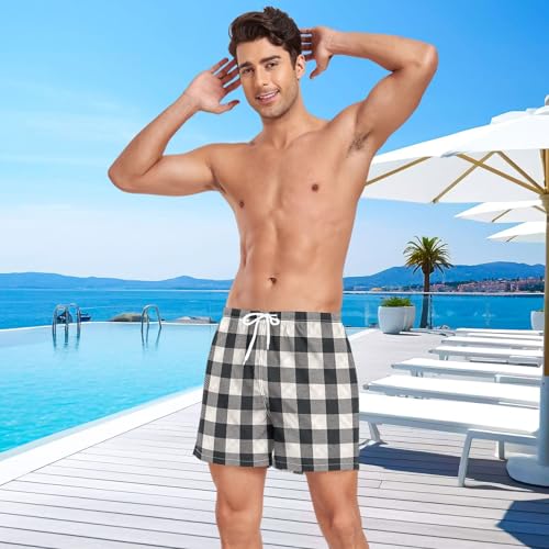 Mens Swim Trunks with Liner, White Black Plaid Cool Quick Dry Beach Swim Shorts, Swimwear Bathing Suits S4