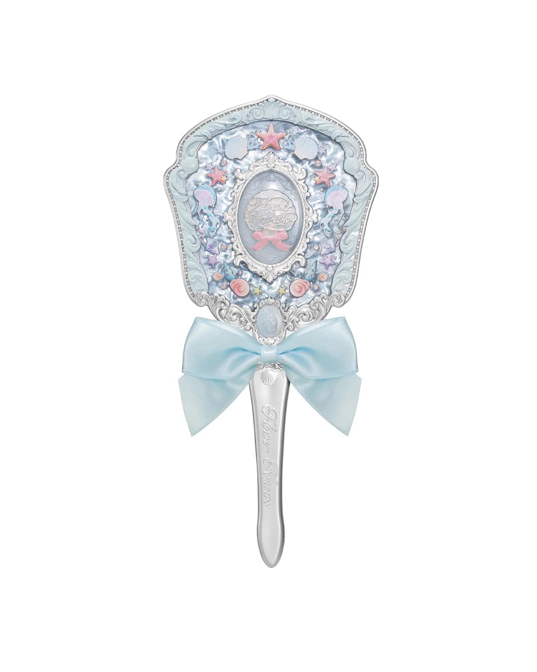 Flower Knows Shell's Jewel Hand Mirror, Vintage Portable Handheld Mirror, Fancy & Pretty Princess Mirror with Long Handle, Gift for Women and Girls (Blue Seashell)
