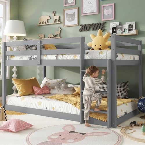 MoproBeti Low Bunk Bed Twin Over Twin, Solid Rubber...