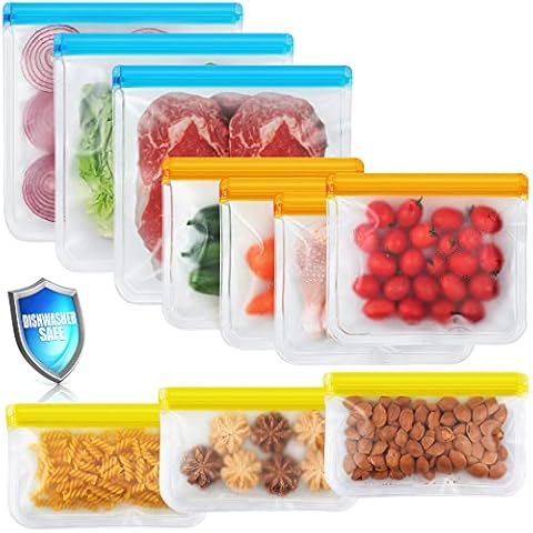NIKUY 10 Pack Dishwasher Safe Reusable Bags Silicone, Leakproof Reusable Freezer Bags, BPA Free Reusable Food Storage Bags for Lunch Marinate Food Travel - 3 Gallon 3 Snack 4 Sandwich Bags Cover