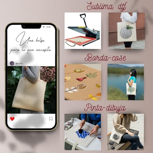 Miniatura 5 de Bolsas De Tela 35x40cm Con Cremallera Y Bolsillo. Prácticas Y Versátiles. Ideales Para Compras, Universidad, Trabajo Y Pintar. Tote Bag Grande Y Reutilizable Para Mujeres. Bolso Tela Blanca 1