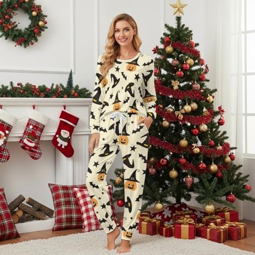 Image of Womens Lounge Set Long Sleeve Soft Pajama Sets Casual 2 Piece Pj Outfit Crewneck Sleepwear with Pockets Plus Size